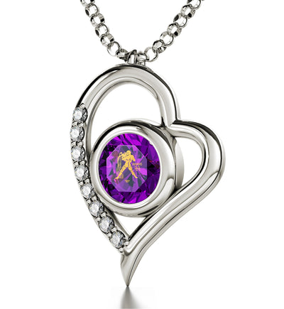 925 Sterling Silver Aquarius Necklace Zodiac Heart Pendant 24k Gold inscribed on Crystal