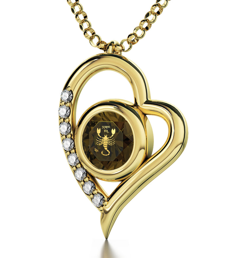 Gold Plated Silver Scorpio Necklace Zodiac Heart Pendant 24k Gold Inscribed on Crystal