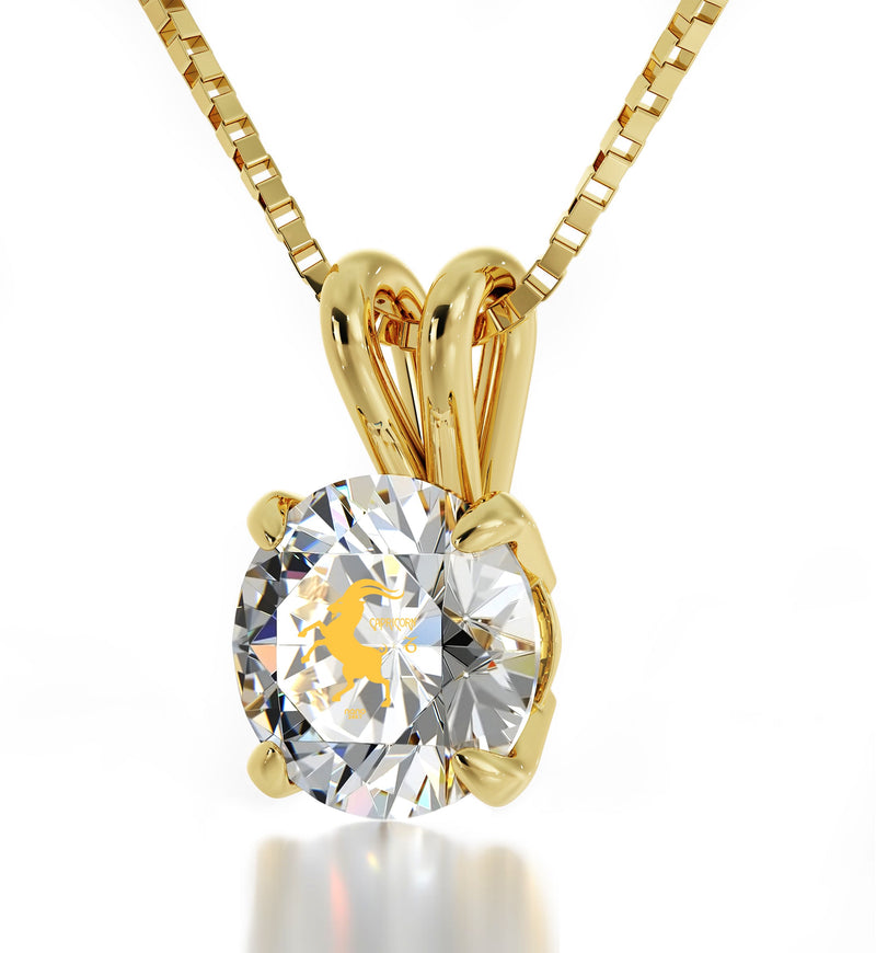 14k Yellow Gold Capricorn Necklace Zodiac Pendant 24k Gold inscribed on Crystal