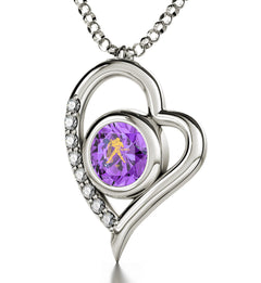 925 Sterling Silver Aquarius Necklace Zodiac Heart Pendant 24k Gold inscribed on Crystal