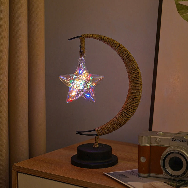 LED Star Moon Table Lamp with Hemp Rope & USB