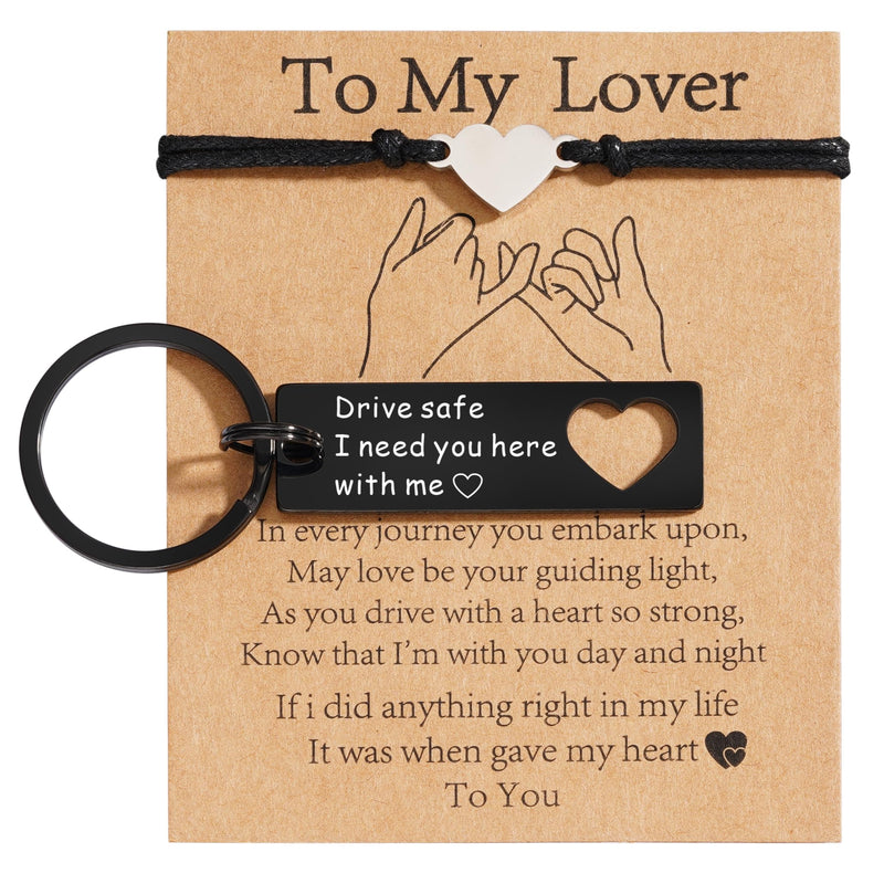 VULETO Gifts for Husband Boyfriend Lover Drive Safe Keychain I Need You Here With Me Heart Bracelet Fathers Day Christmas Valentines long Distance Relationship Gifts for Husband from Wife