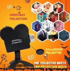 Halloween window projector with projection examples.